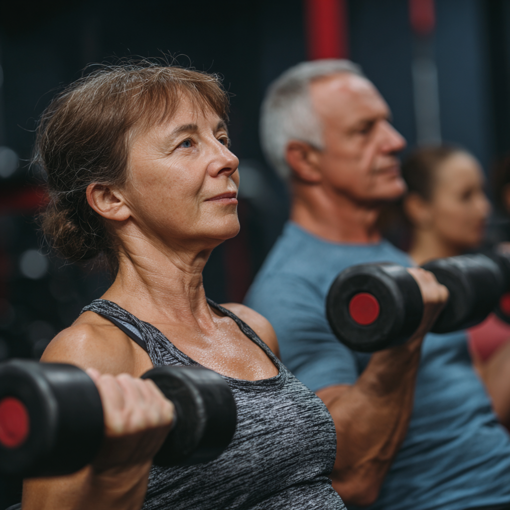 Smiling middle-aged Ukrainian adult in athletic wear demonstrating strength training exercise in modern fitness environment