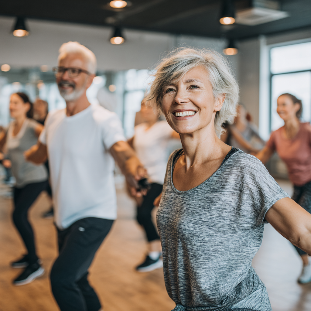Energetic Ukrainian adult in comfortable workout clothes performing basic fitness movements in home environment with motivational expression